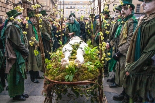 'Mother Earth's' funeral bier arrives at Bath Abbey, Bath, April '24.