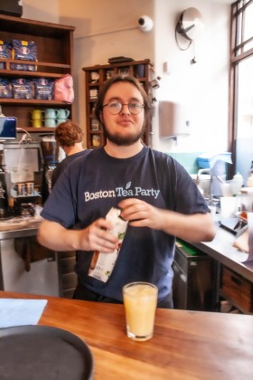 SJ, on duty before leaving and 'movin on up', Boston Tea Party, Bath, 2025.